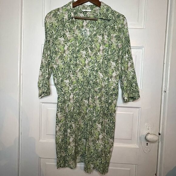 Cabi Womens Green Leaf Print 3/4 Sleeve V Neck Faux Wrap Dress - Picture 1 of 11
